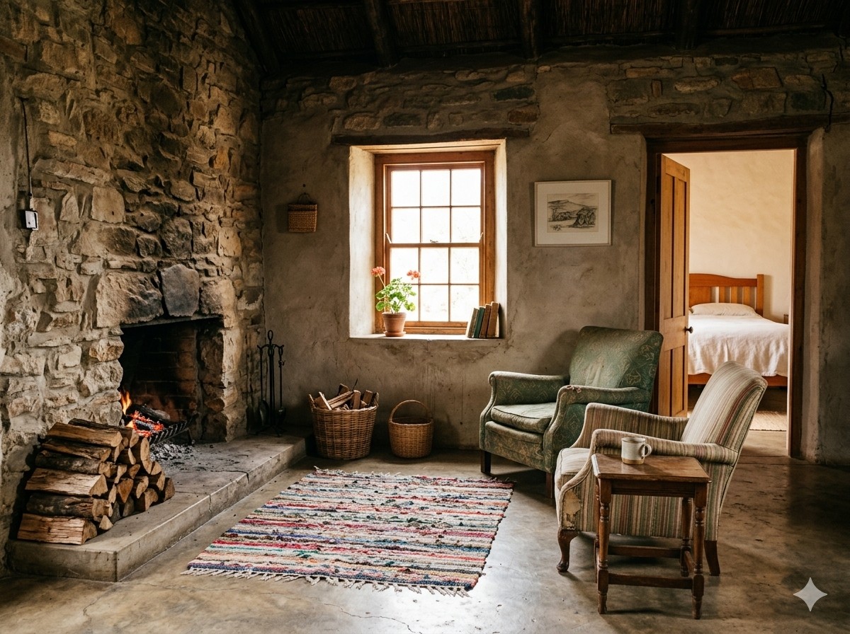 Stone cottage interior with an open fireplace