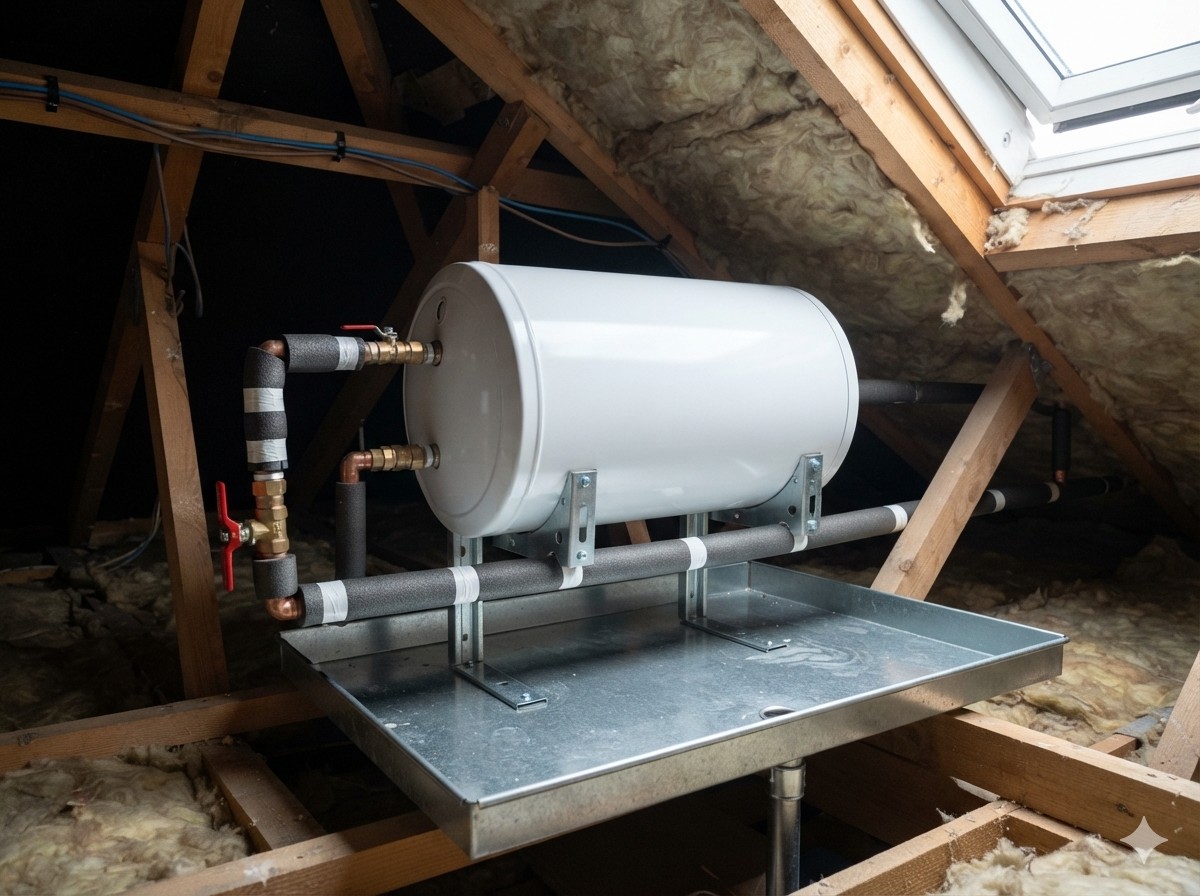 A geyser installation in a roof space